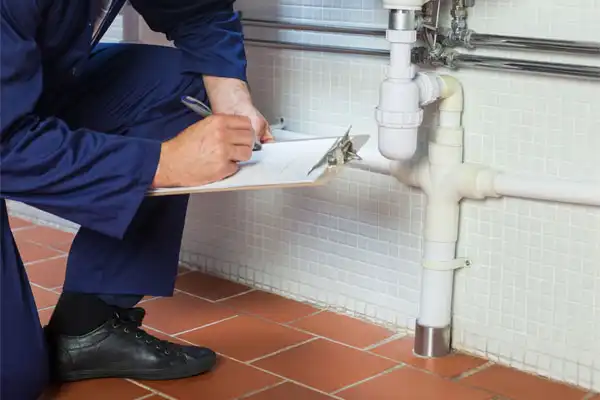 A person in a blue jumpsuit is kneeling on a tile floor, taking notes on a clipboard while inspecting plumbing pipes under a sink.