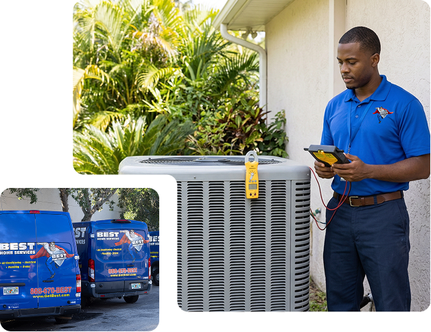 Best Home Services Technician Diagnosing Outdoor AC Unit At Southwest Florida