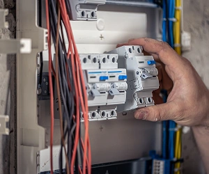 Electrician Installing Circuit Breakers In Electrical Panel At Southwest Florida
