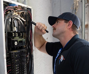 Electrician Inspecting Home Electrical Panel At Southwest Florida