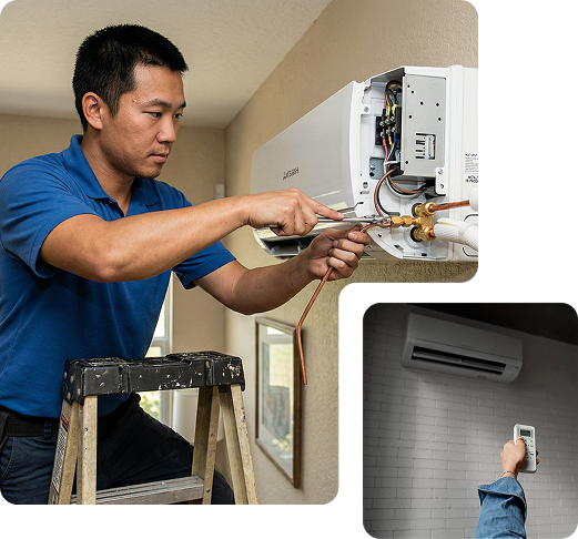 Technician Installing Mini Split AC System Indoors At Southwest Florida
