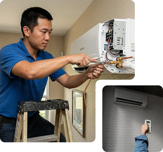 Technician Installing Mini Split AC System Indoors At Southwest Florida