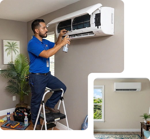 Technician Cleaning Indoor Mini Split AC Unit At Southwest Florida