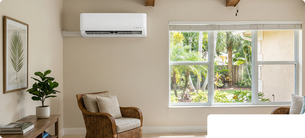 Mini Split AC Unit Mounted In Florida Home Living Room At Southwest Florida