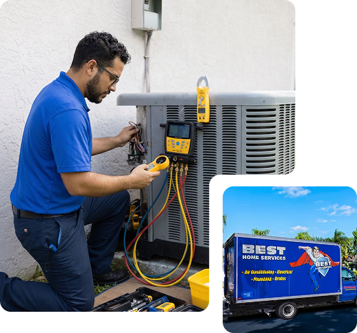 Best Home Services AC Technician Servicing Condenser Unit At Southwest Florida
