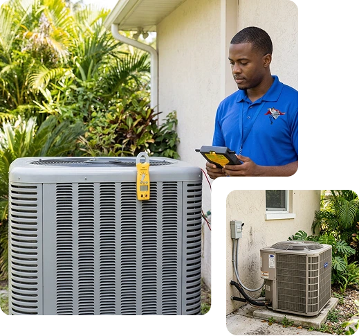 AC Technician Inspecting Outdoor AC Condenser Unit At Southwest Florida